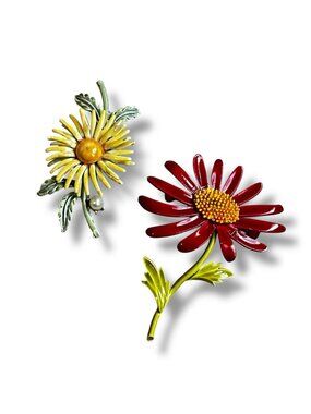 TWO Vintage Flower Pins Enamel Metal Brooch Red Yellow Daisy Mod Retro 60s/70s
